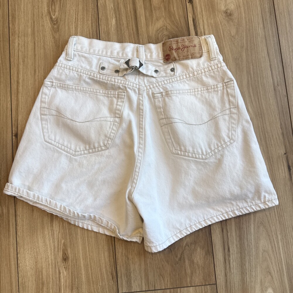 Vintage Pepe London Pageant Button Fly 90s White Denim “Tess” Shorts Sz 5/6